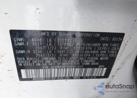 2024 Subaru Ascent Touring 7-Passenger z USA, uszkodzony, nr VIN 4S4WMAWD8R3423432